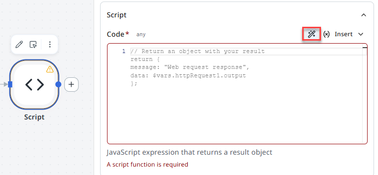 Script node properties panel with the AI generation (magic wand) icon highlighted above the code editor.