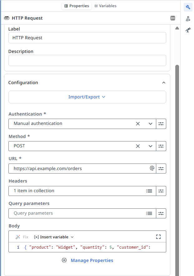 HTTP Request properties panel configured as a POST request with the URL set to https://api.example.com/orders, an Authorization header, and a JSON body containing product, quantity, and customer_id fields.