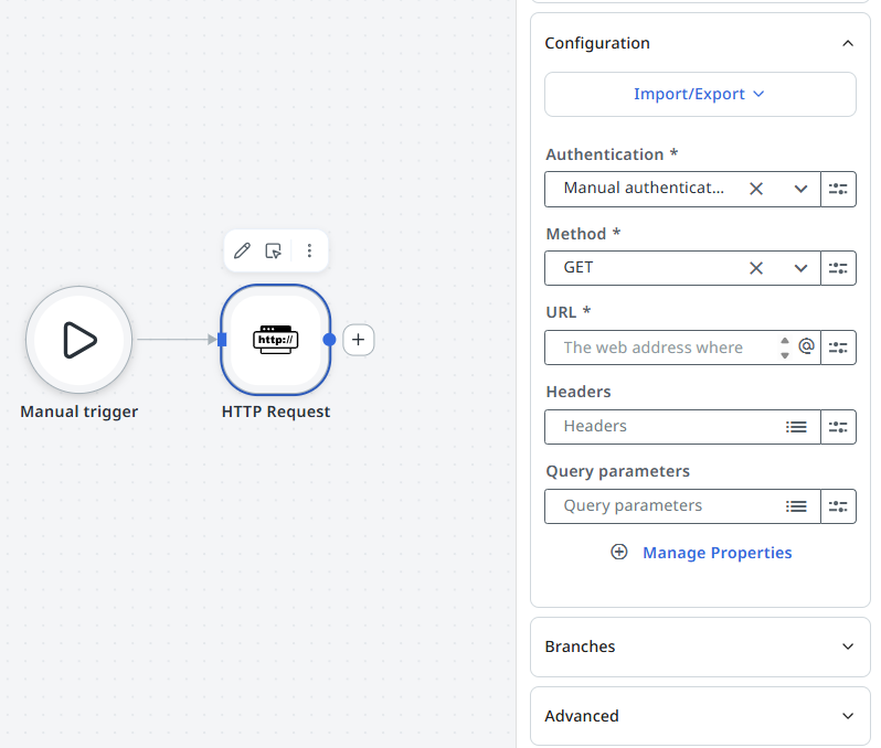 Properties panel open with the Properties tab active, showing a node's configuration form fields.