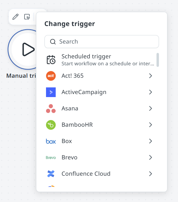 Add node panel with "trigger" entered in the search, listing connector-based trigger options such as Get Trigger Event Output (HTTP Webhook), Send an Event (PagerDuty), and several Act! 365 triggers.