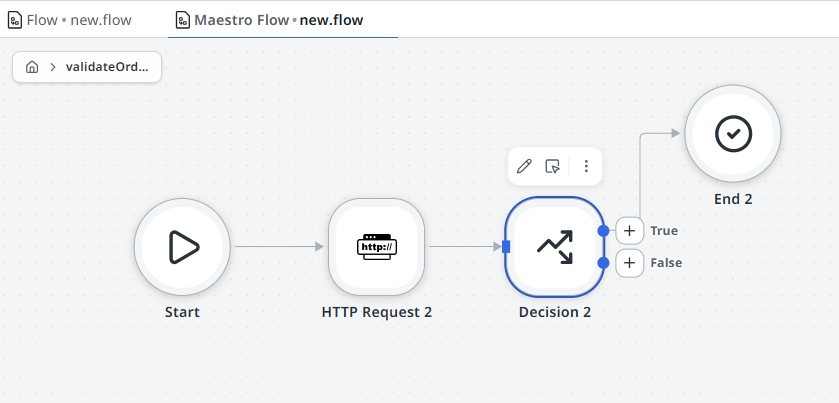 Internal canvas of a validateOrder subflow showing Start, HTTP Request, and Decision nodes connected in sequence.