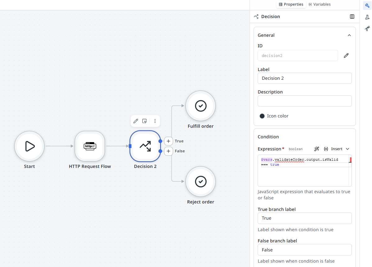 Canvas showing a Decision node with the condition $vars.validateOrder.output.isValid === true, branching into Fulfill order and Reject order paths.
