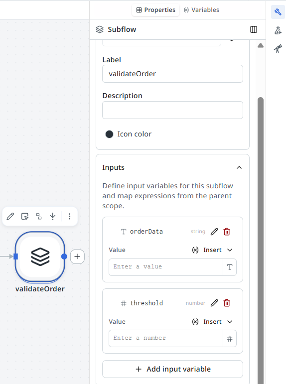 Properties panel for a subflow node showing the Subflow Inputs section with two configured inputs: orderData and threshold.