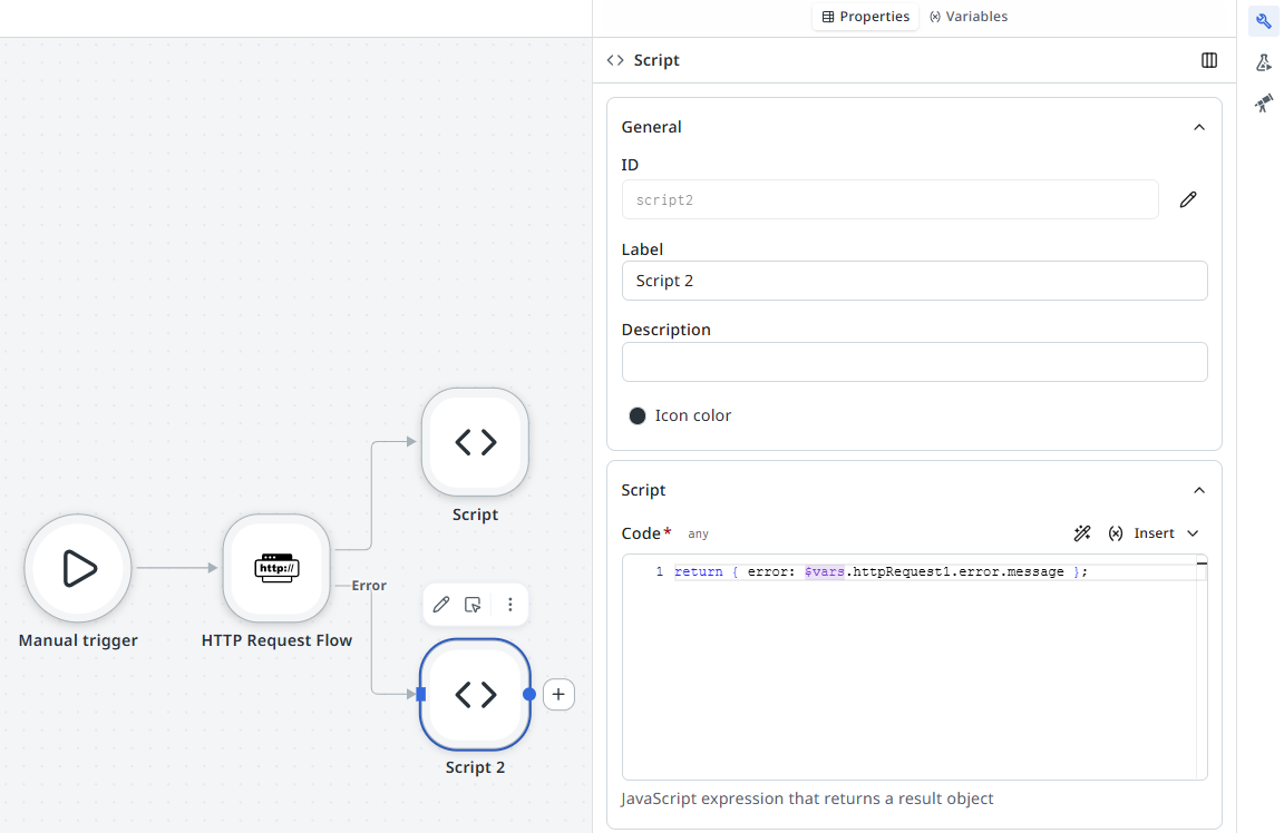 Canvas showing an HTTP Request node with a success path connected to a Script node and an error path connected to Script 2. The Script 2 properties panel shows the error-logging code.