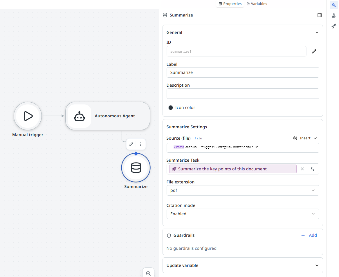 Autonomous Agent on the canvas with a Summarize tool node connected to its tool handle, and the Summarize Settings properties panel open showing Source, Summarize Task, File extension, and Citation mode fields.