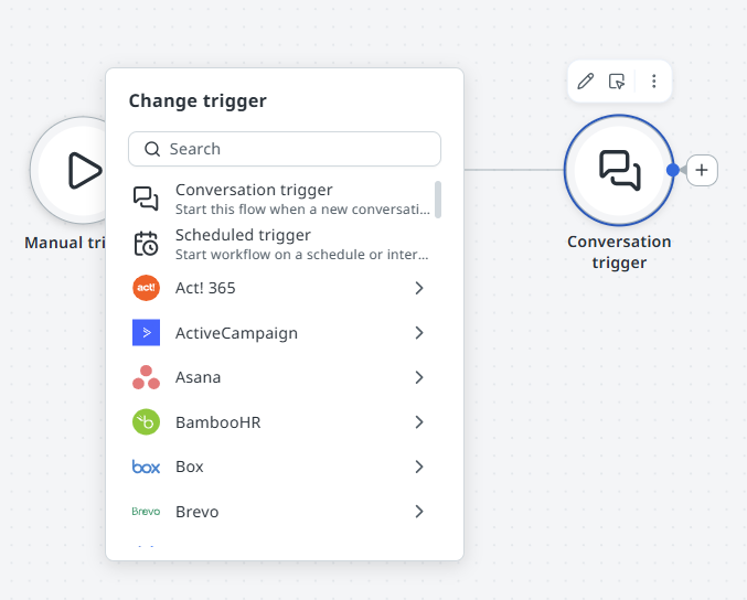 Node palette open to the Triggers category showing Conversation trigger, Scheduled trigger, and connector-based trigger options including Asana, BambooHR, Box, and others.
