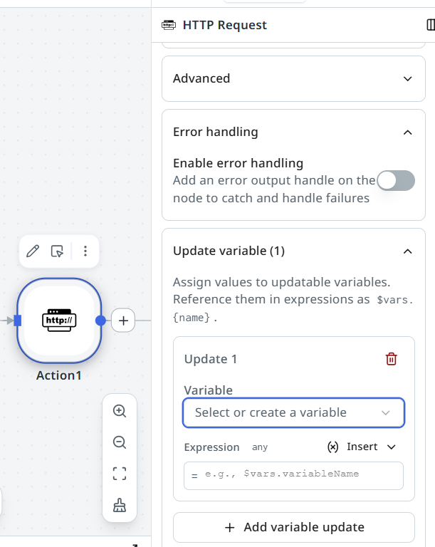 Properties panel showing the Update Variable section expanded on an HTTP Request node, with a variable selector dropdown and an expression field.