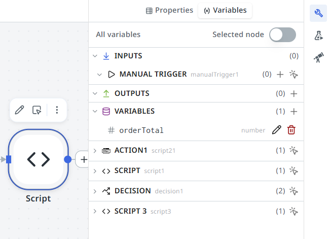 Properties panel with the Variables tab active, showing a variable named orderTotal with type set to Number.