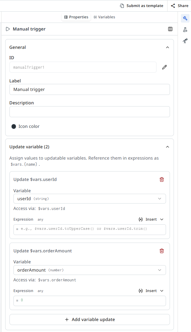 Manual Trigger properties panel showing two variables: userId of type string and orderAmount of type number, both accessible via $vars expressions.