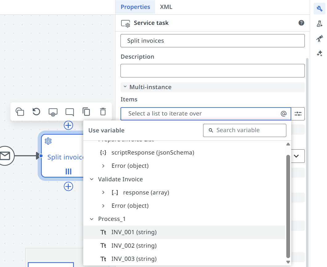 Screenshot of the Properties panel showing the Outputs section with Add new and the Update variables section with a variable configured.