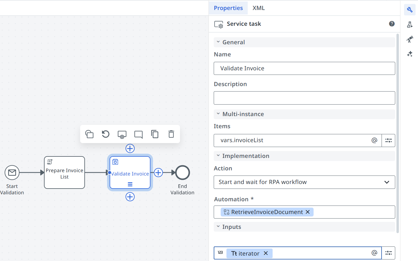 Screenshot of the Inputs section in the Properties panel, showing a workflow input parameter mapped to iterator.item.