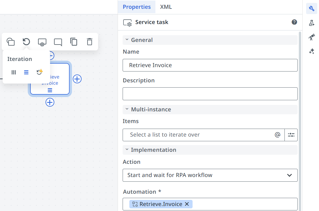 Screenshot showing a task with the sequential multi-instance marker applied and the Properties panel open with the Multi-instance section expanded.