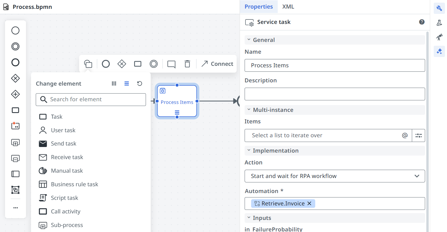 Screenshot showing a task with the sequential multi-instance marker applied and the Properties panel open with the Multi-instance section expanded.
