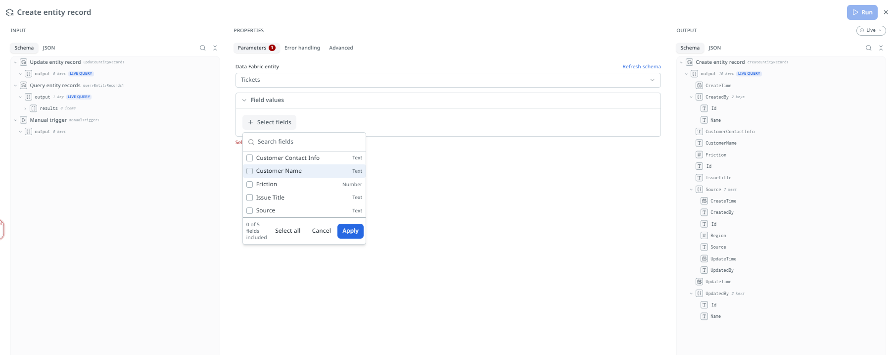 Create entity record node's Properties panel showing a Data Fabric entity picker and a Select fields checklist for choosing which fields to set on the new record.