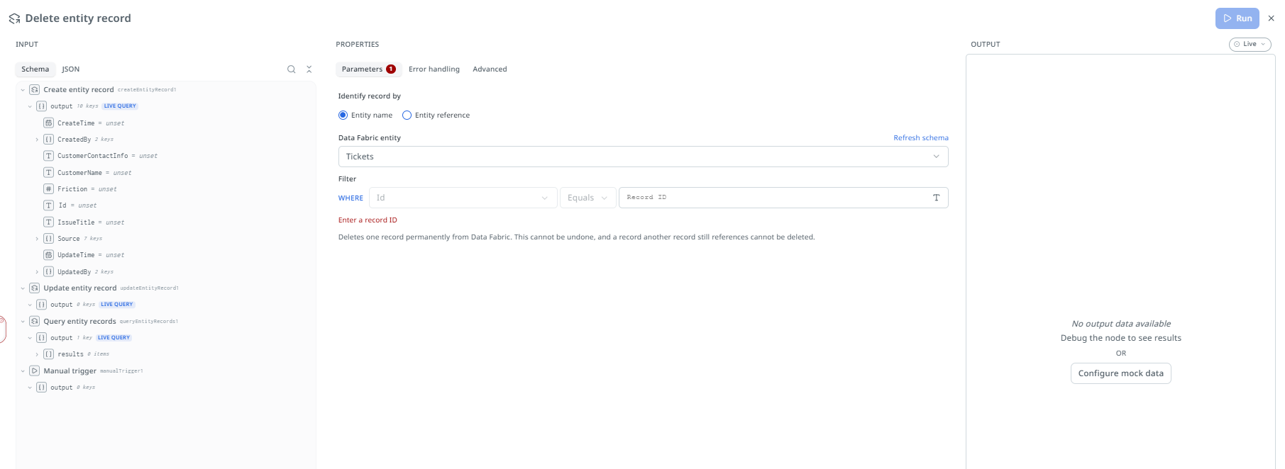Delete entity record node's Properties panel set to Entity name, showing a Data Fabric entity picker, a Filter row, and the permanent-deletion warning.