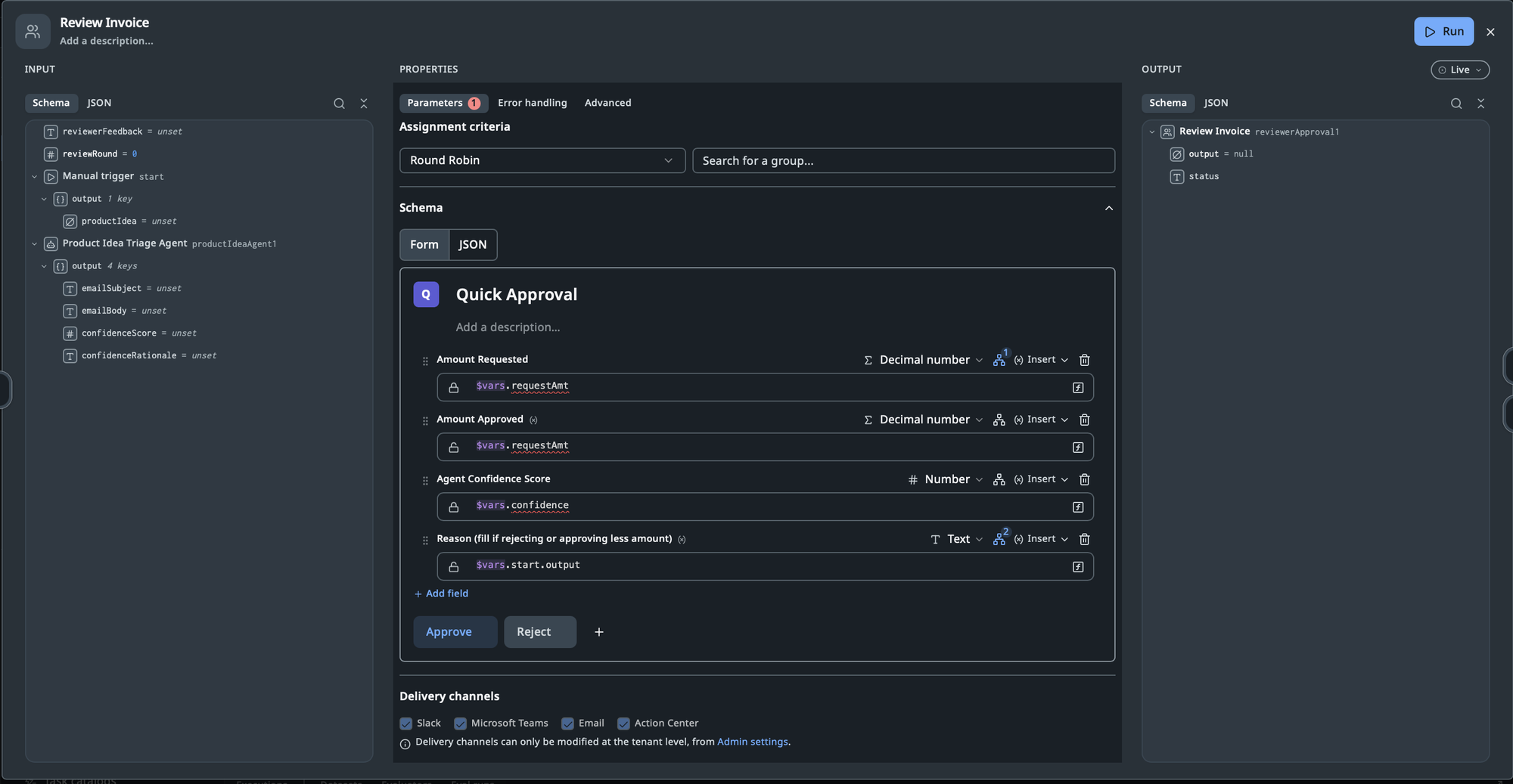 Human node properties panel showing Assignment criteria set to Round Robin with a group search field, a Schema with four fields and Approve/Reject outcomes, and Delivery channels checkboxes for Slack, Microsoft Teams, Email, and Action Center.