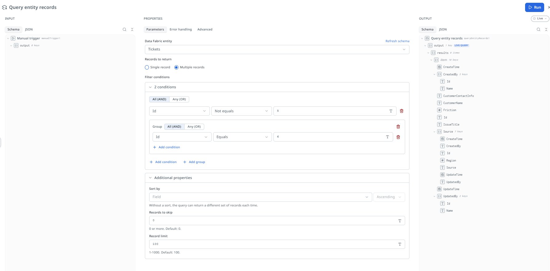 Query entity records node's Properties panel, set to return multiple records, showing a Data Fabric entity picker, an AND/OR filter condition builder with nested groups, and Additional properties for sort, skip, and record limit.