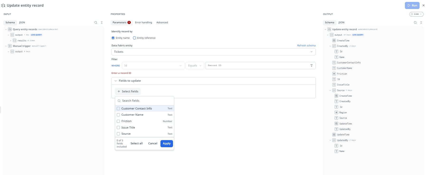 Update entity record node's Properties panel set to Entity name, showing a Data Fabric entity picker, a Filter row, and a Fields to update checklist.