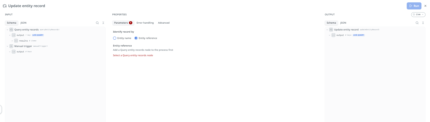 Update entity record node's Properties panel set to Entity reference, prompting to select a Query entity records node from the flow.