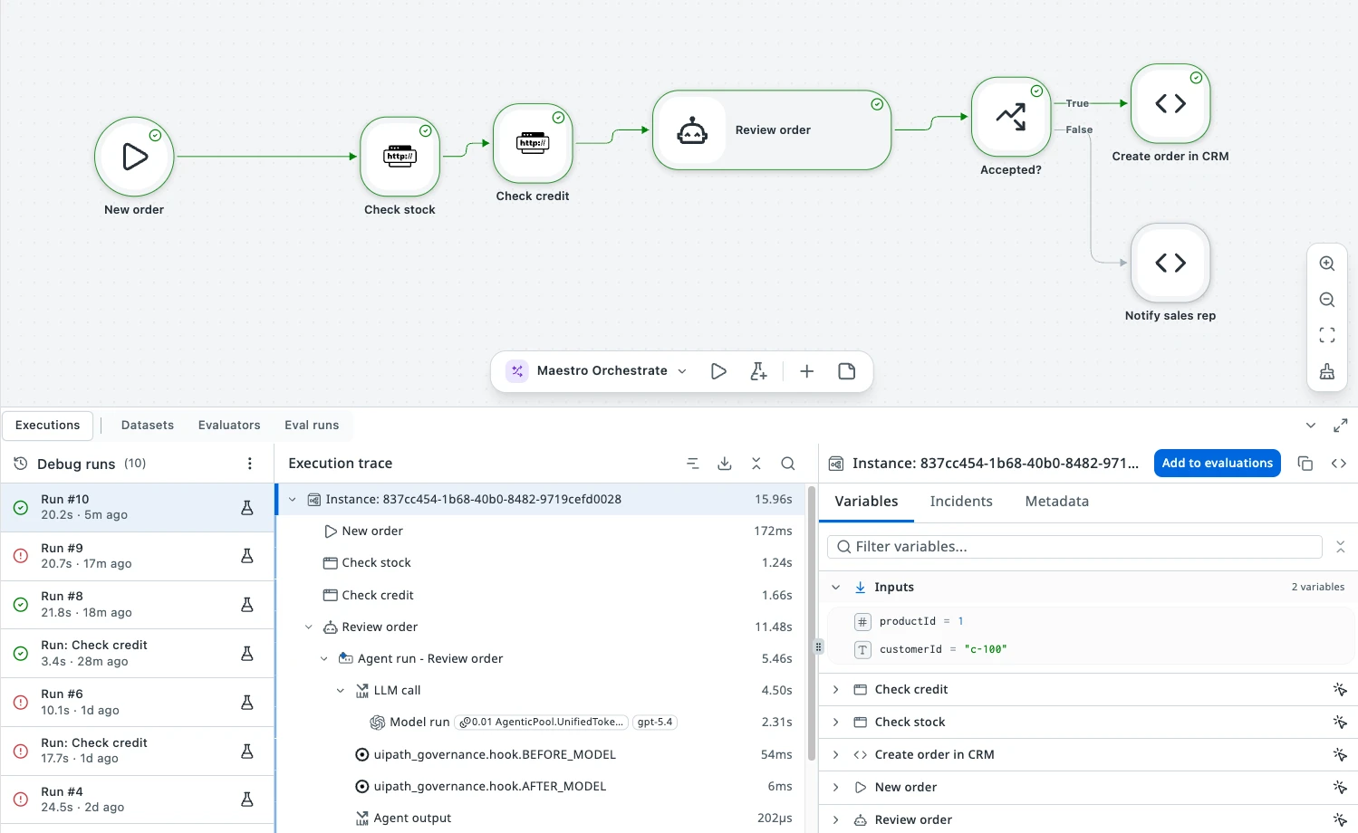 The order intake process on the Flow canvas after a debug run: New order, Check stock, Check credit, Review order, and Accepted?, which branches to Create order in CRM and Notify sales rep. The bottom toolbar shows Maestro Orchestrate, and the debug panel lists the run's execution trace and variables.