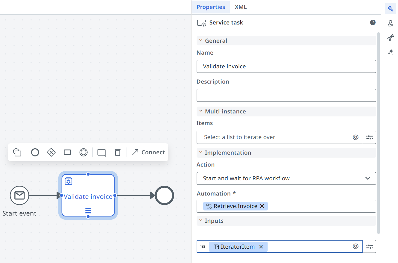 Screenshot of the Inputs section in the Properties panel, showing a workflow input parameter mapped to iterator.item.