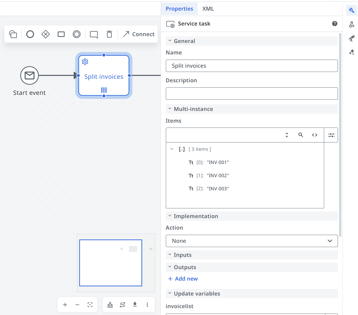 Screenshot of the Properties panel showing the Outputs section with Add new and the Update variables section with a variable configured.