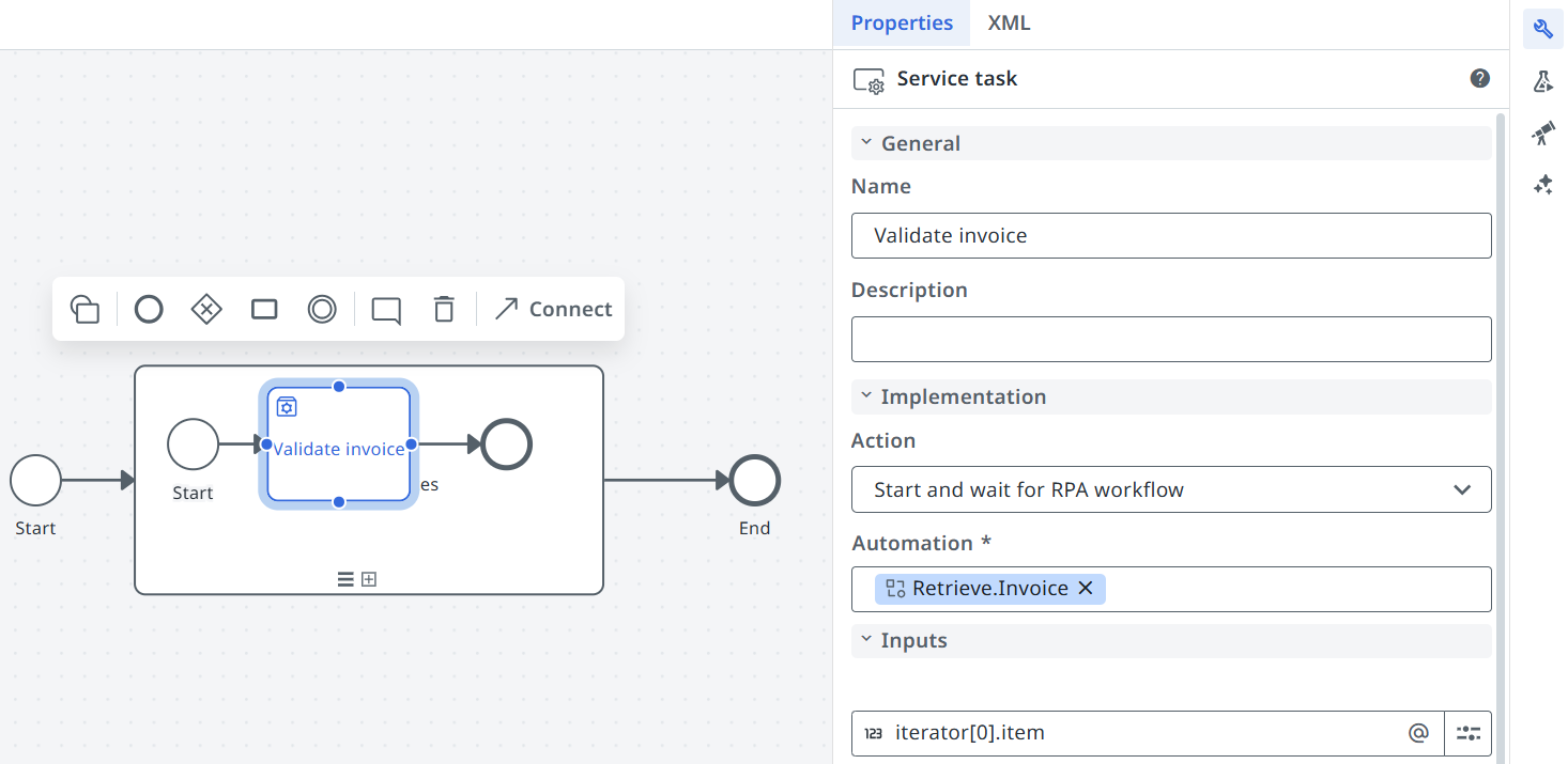 Screenshot of a Service task inside a subprocess with the Properties panel open, showing the iterator item expression entered in the Inputs field.