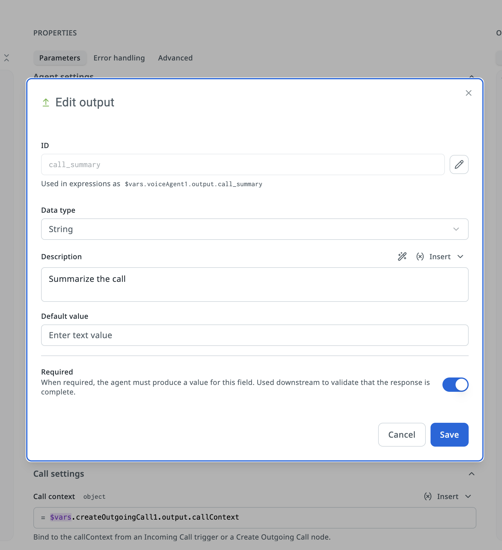 Edit output dialog for a Voice agent output named call_summary, type String, with the description Summarize the call and Required turned on.