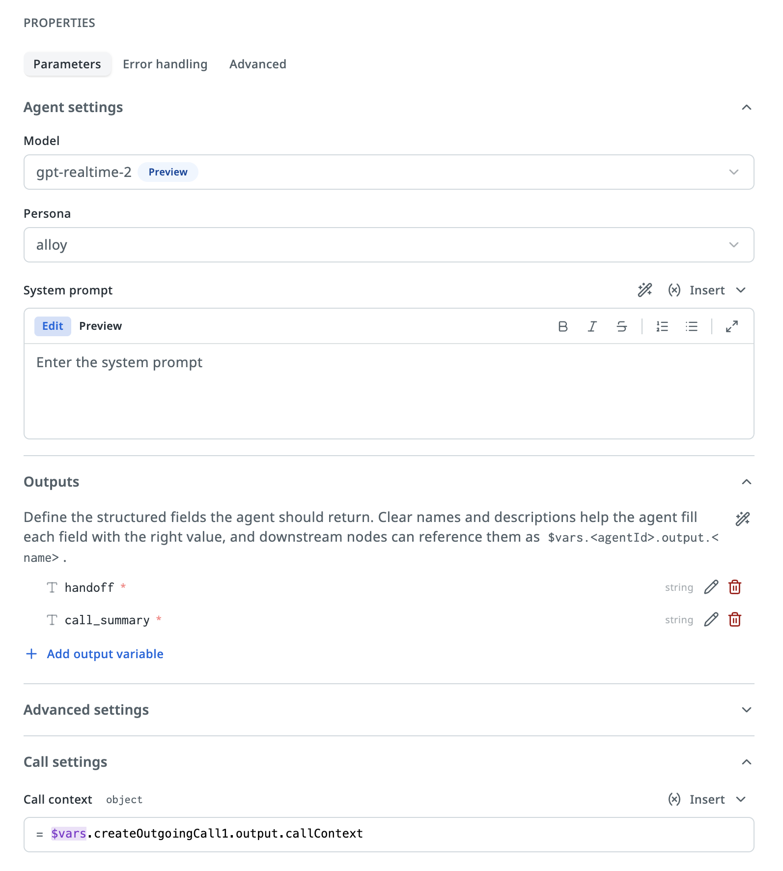 Voice agent properties panel with the Outputs section expanded. An output named output is set to type String, with the description The output of the Voice Agent. Typically a summary of the call.