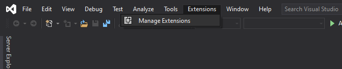 Visual Studio Extensions menu showing Manage Extensions option