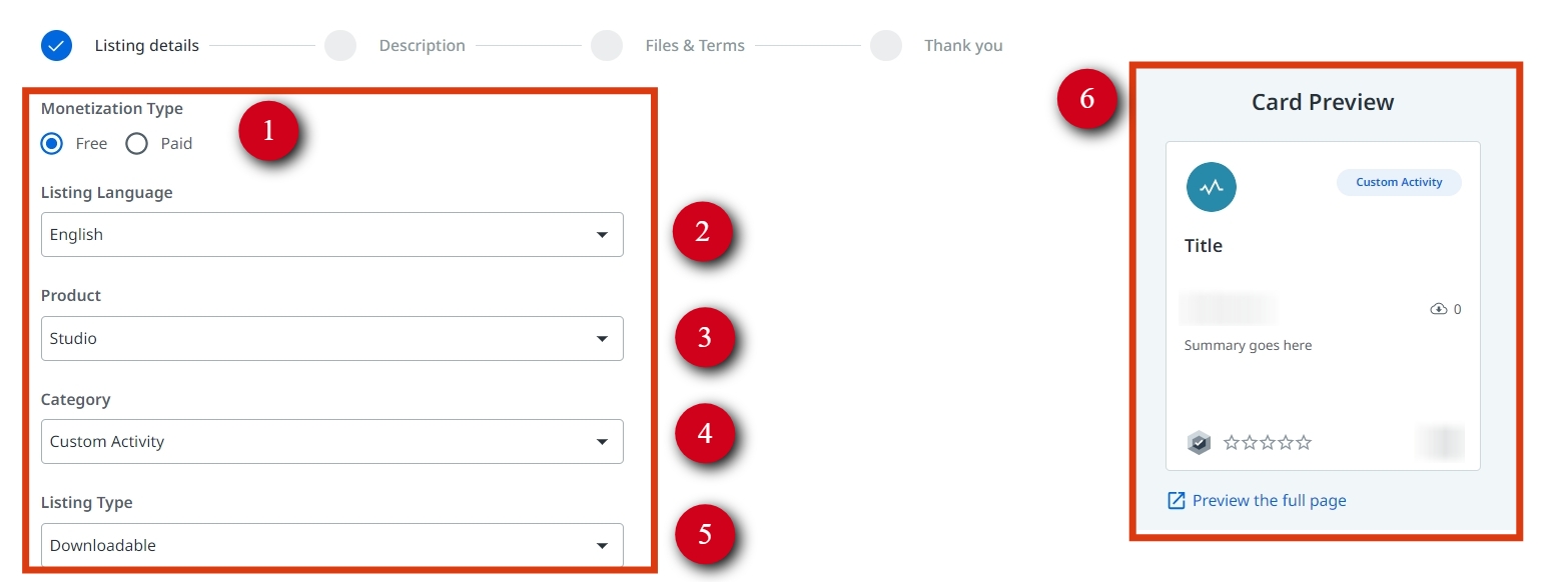 Select your file form showing monetization type and listing language fields