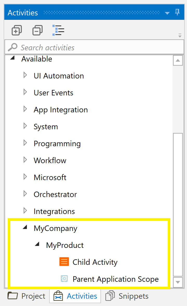 Activities pane in UiPath Studio showing the new custom activity category