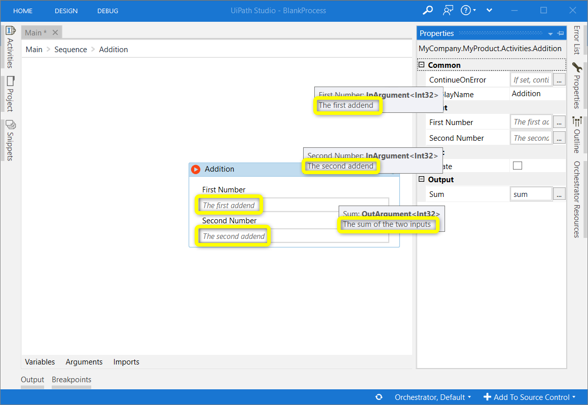Property descriptions shown as placeholders and tooltips in UiPath Studio Properties Pane