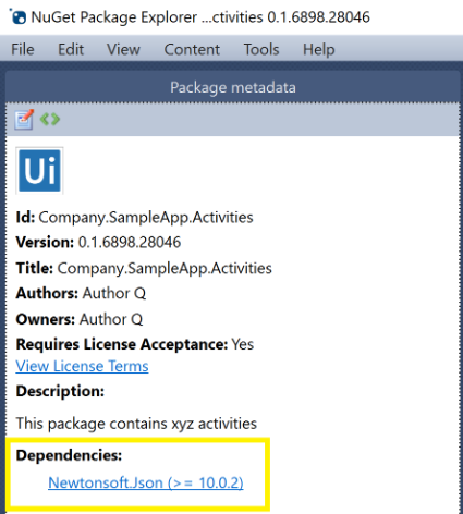 Dependencies section in NuGet Package Explorer