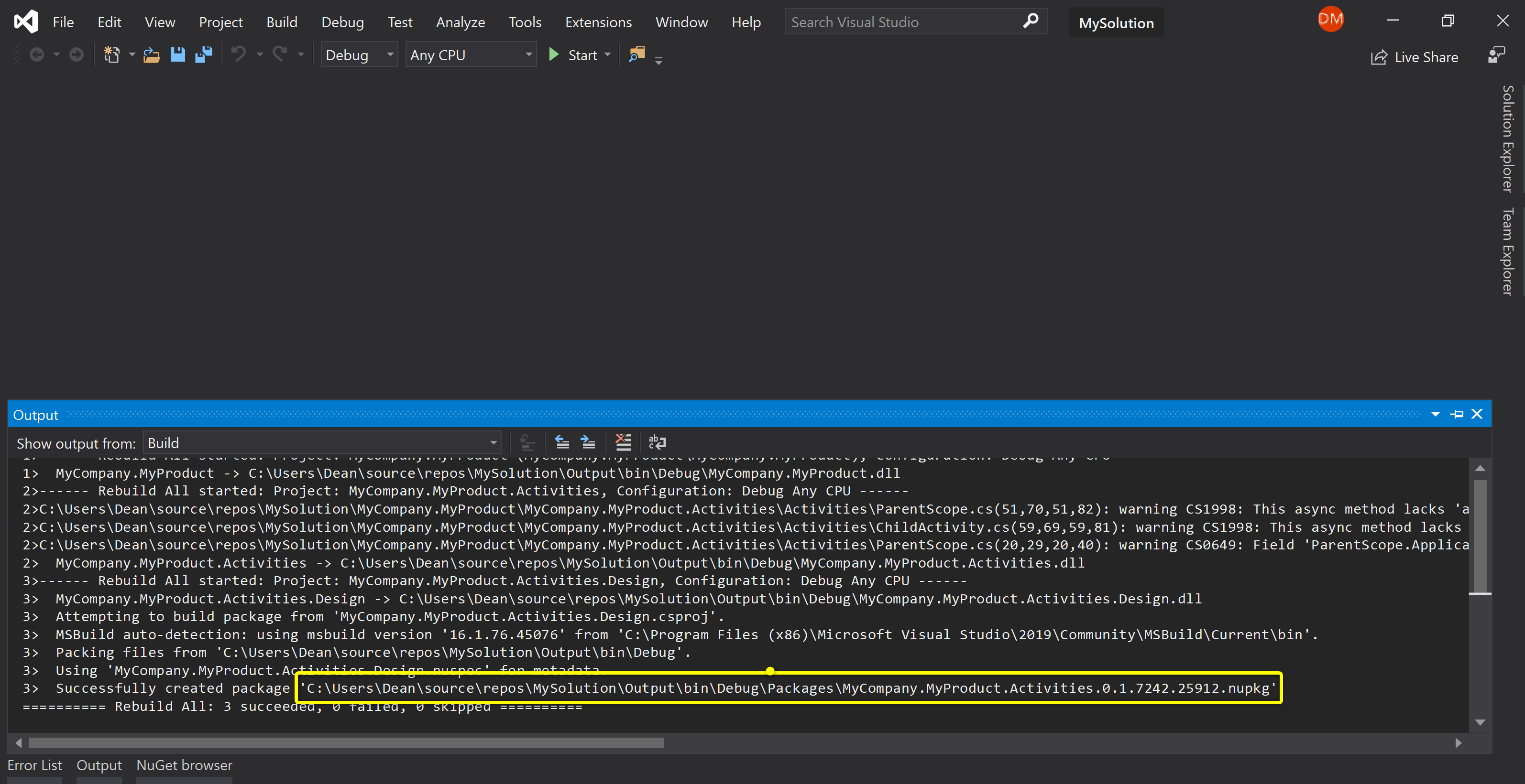 Build output showing the successfully created activity set package path