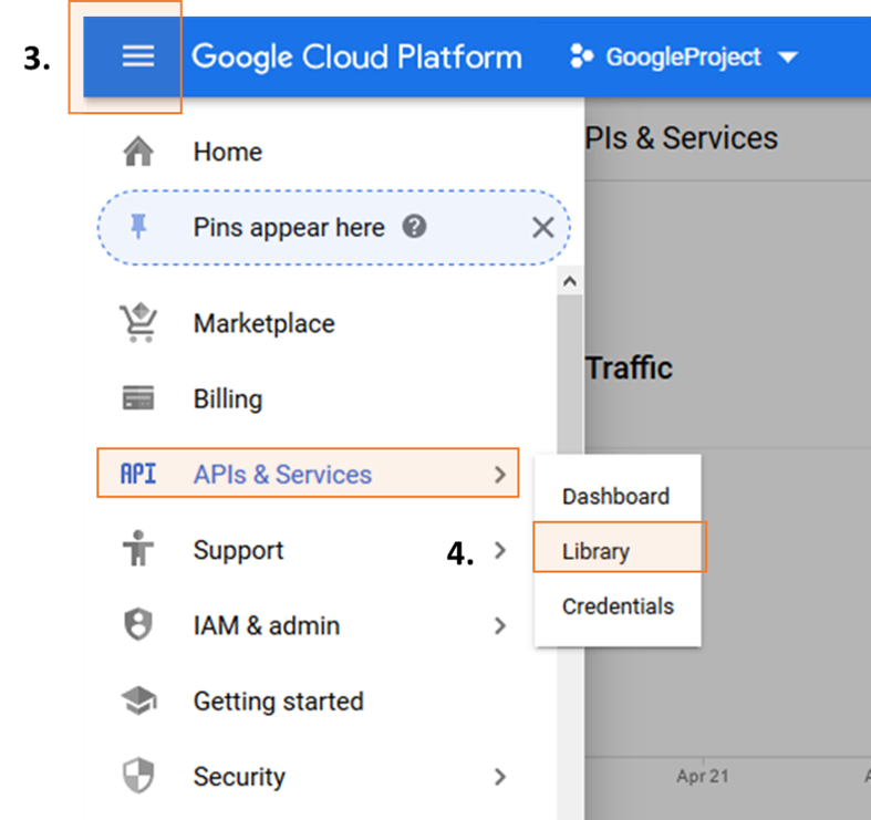 APIs and Services menu with Library option highlighted in Google Cloud Platform