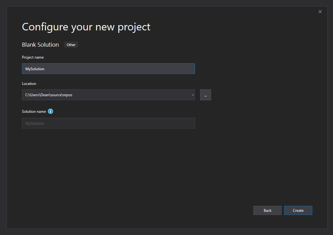 Solution name entry field in the New Project wizard