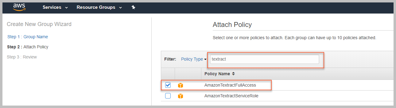 Attach policies to IAM group in AWS console