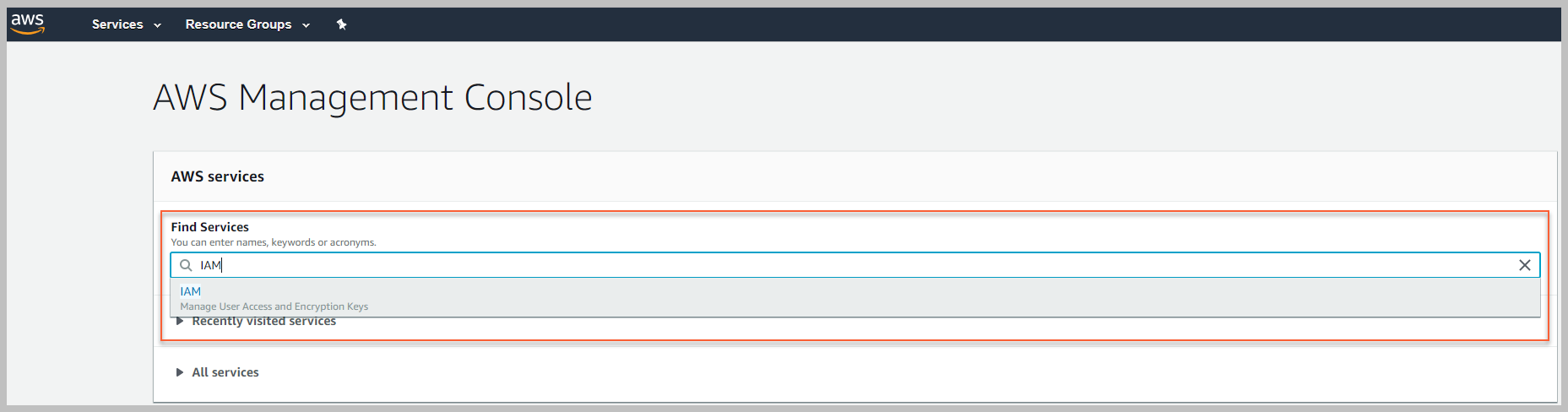 AWS console IAM service search bar