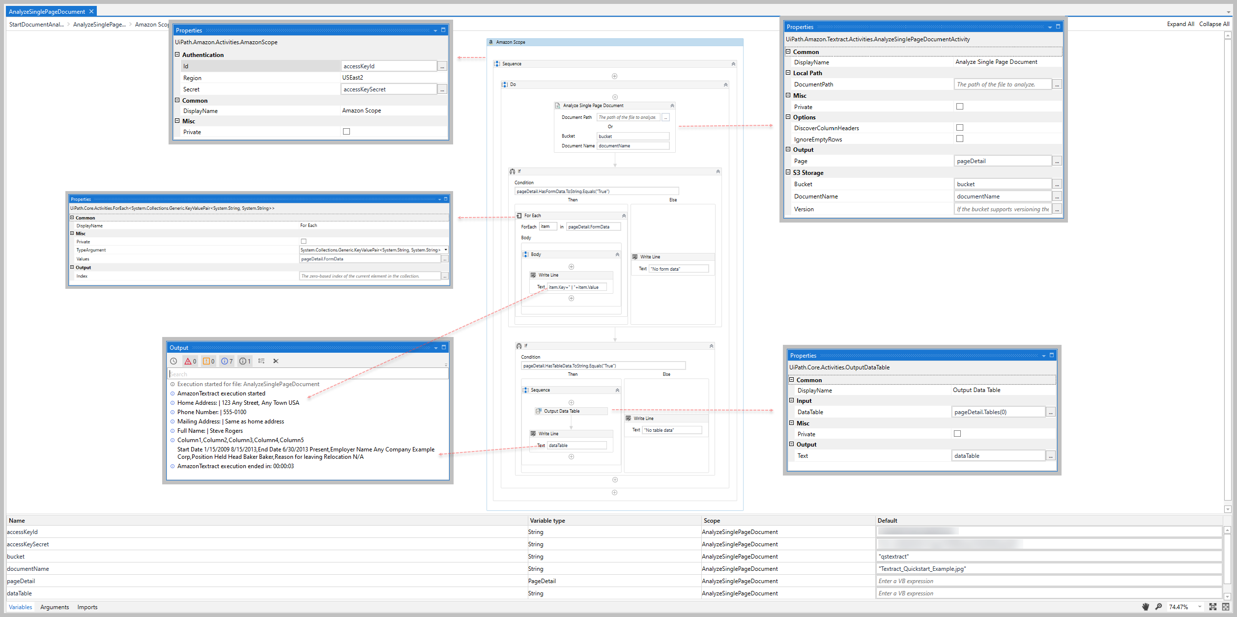 Analyze Single Page Document activity dependency and input/output property values