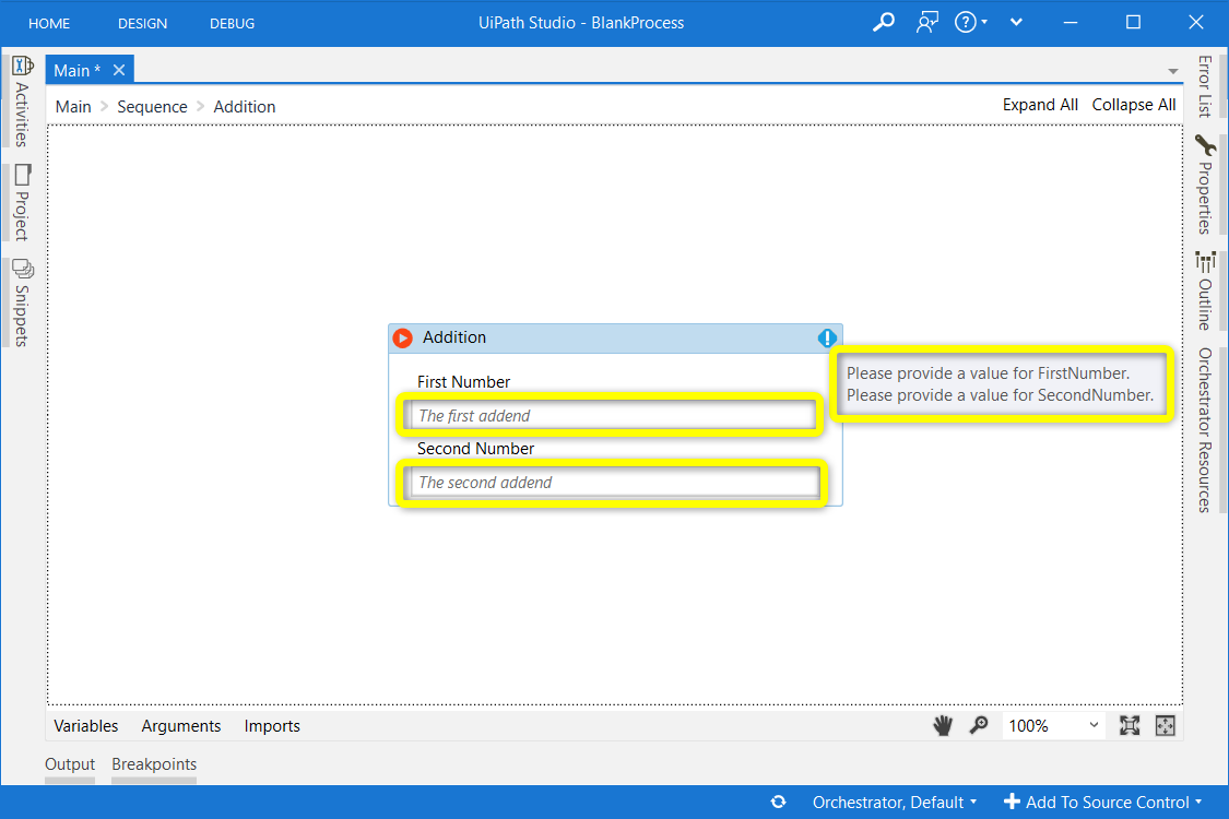 UiPath Studio activity designer showing required input properties and validation error