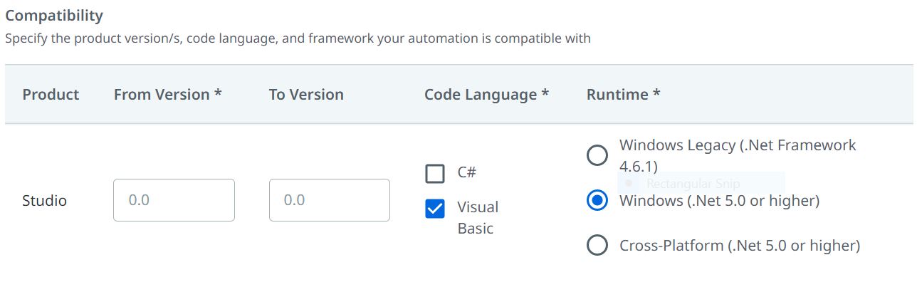 Compatibility fields showing product version, code language, and framework options