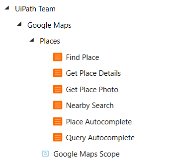 Google Maps Platform activities listed in UiPath Studio