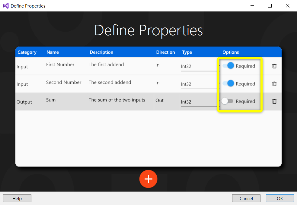 Activity Creator interface showing required property settings