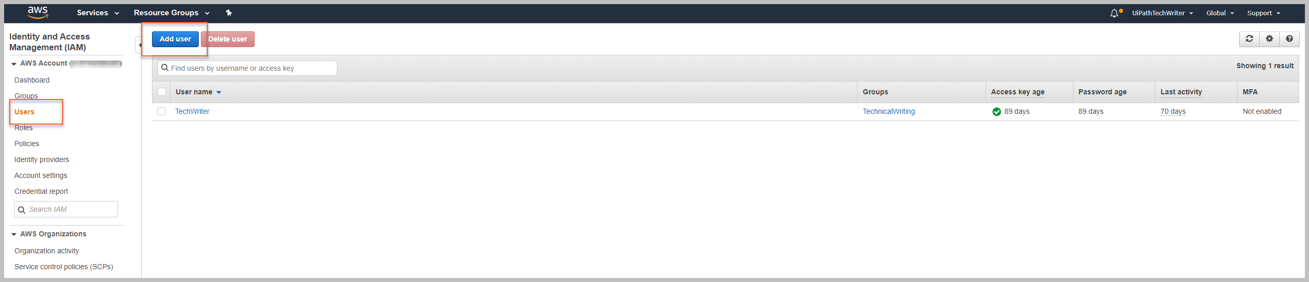 Add user button in AWS IAM Users list