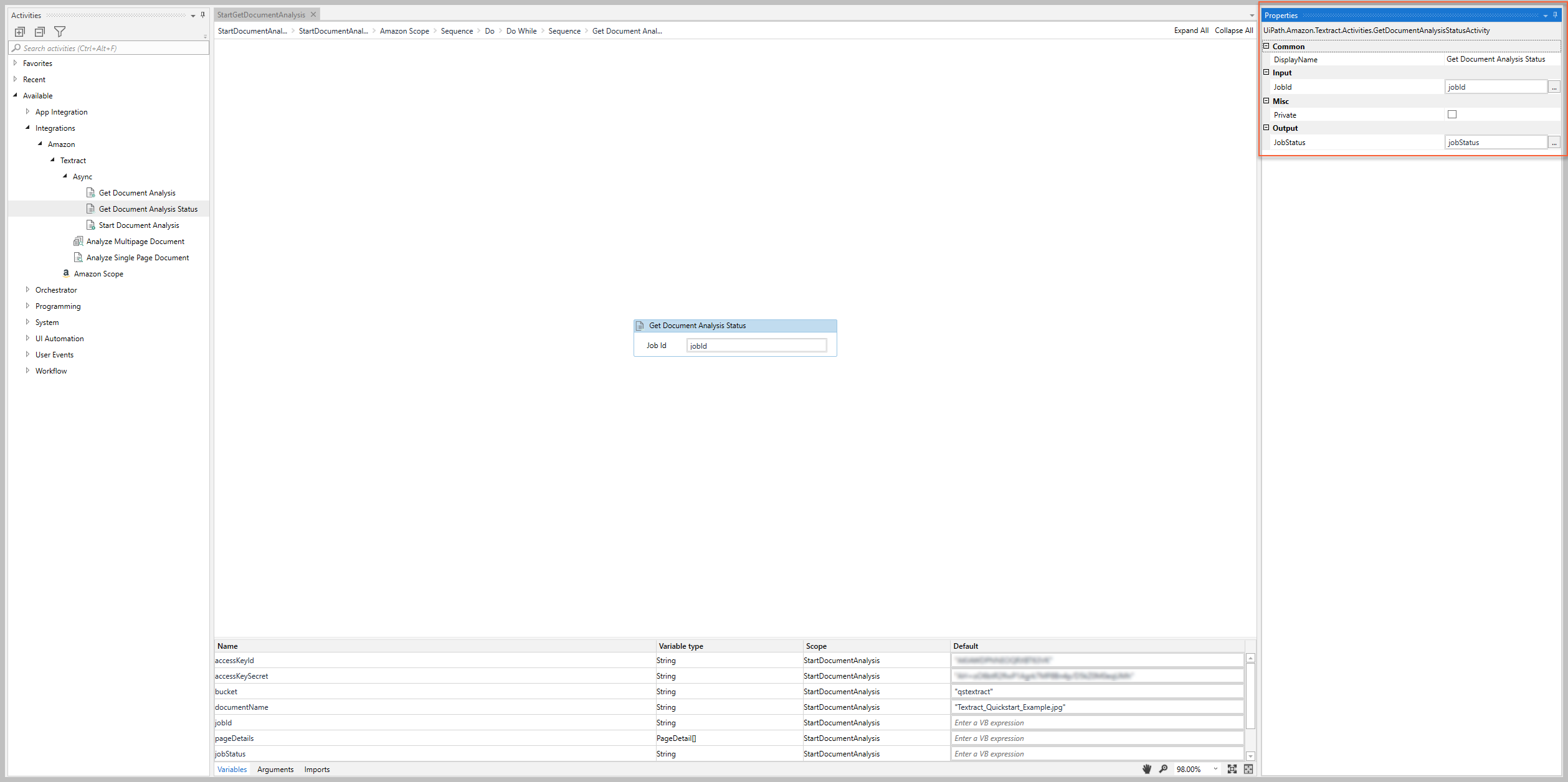 Get Document Analysis Status properties panel in UiPath Studio
