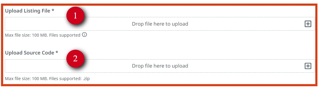 Upload files section showing listing file and source code upload fields