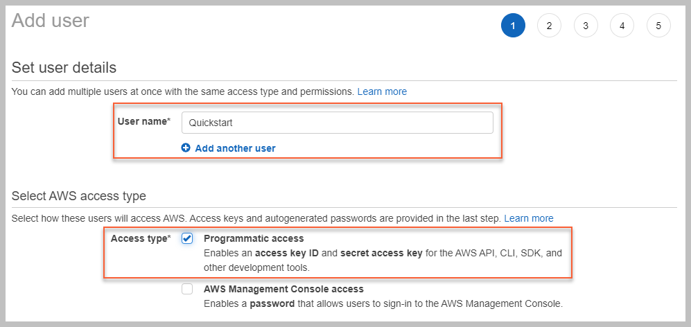 IAM user name and programmatic access type settings