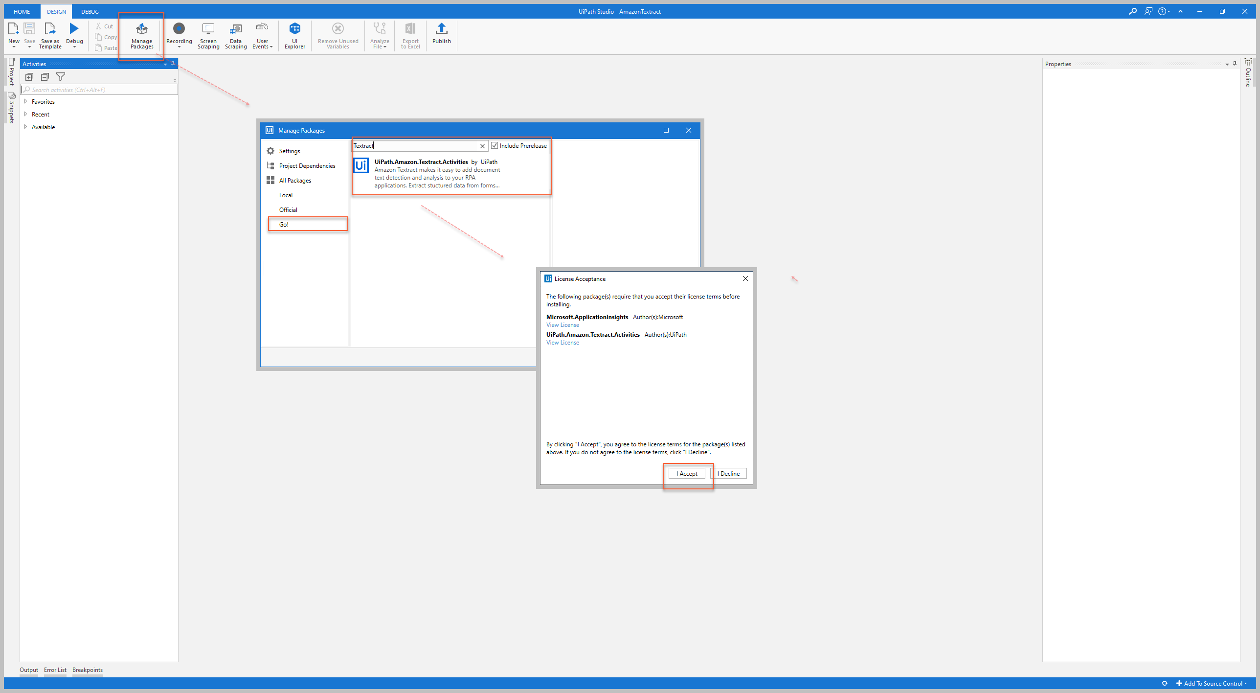 UiPath.Amazon.Textract.Activities package in Manage Packages window
