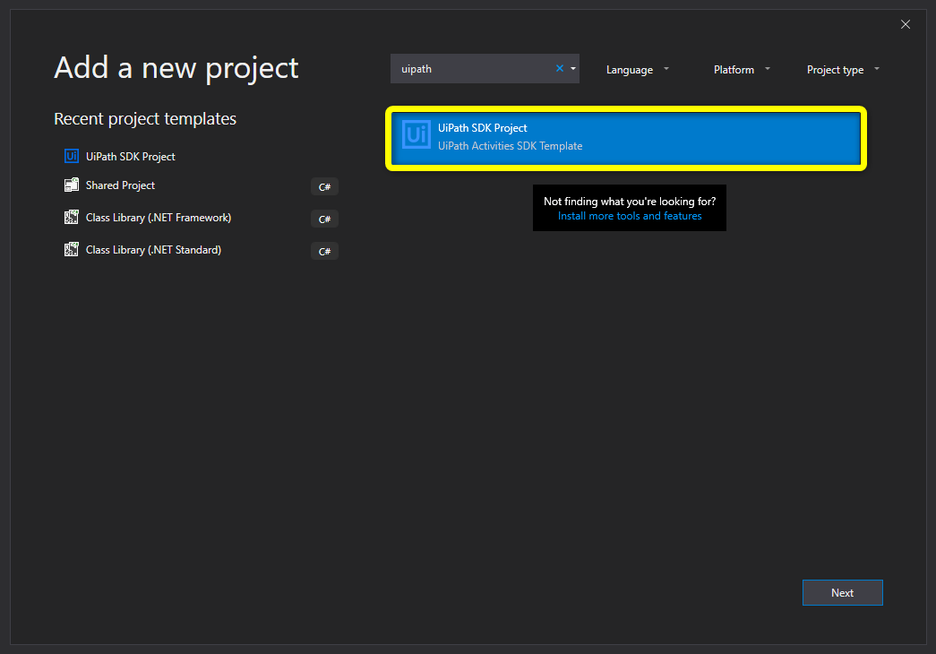 New Project wizard with UiPath SDK Project template selected and activity set name entered